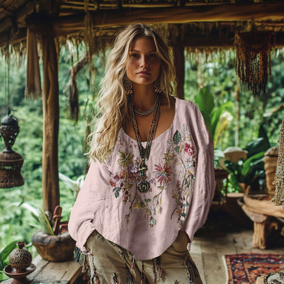 Retro Bohemian Floral Embroidery Art Graphics Cotton And Linen Blend Loose Blouse artswardrobe
