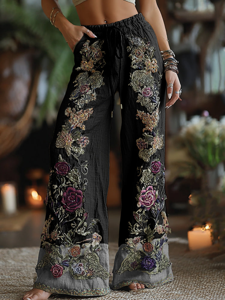Classy Purple Lavender And Floral Embroidered Art Linen Pants artswardrobe