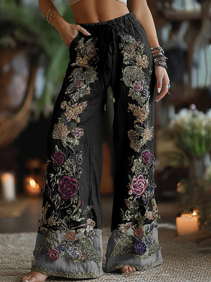 Classy Purple Lavender And Floral Embroidered Art Linen Pants artswardrobe