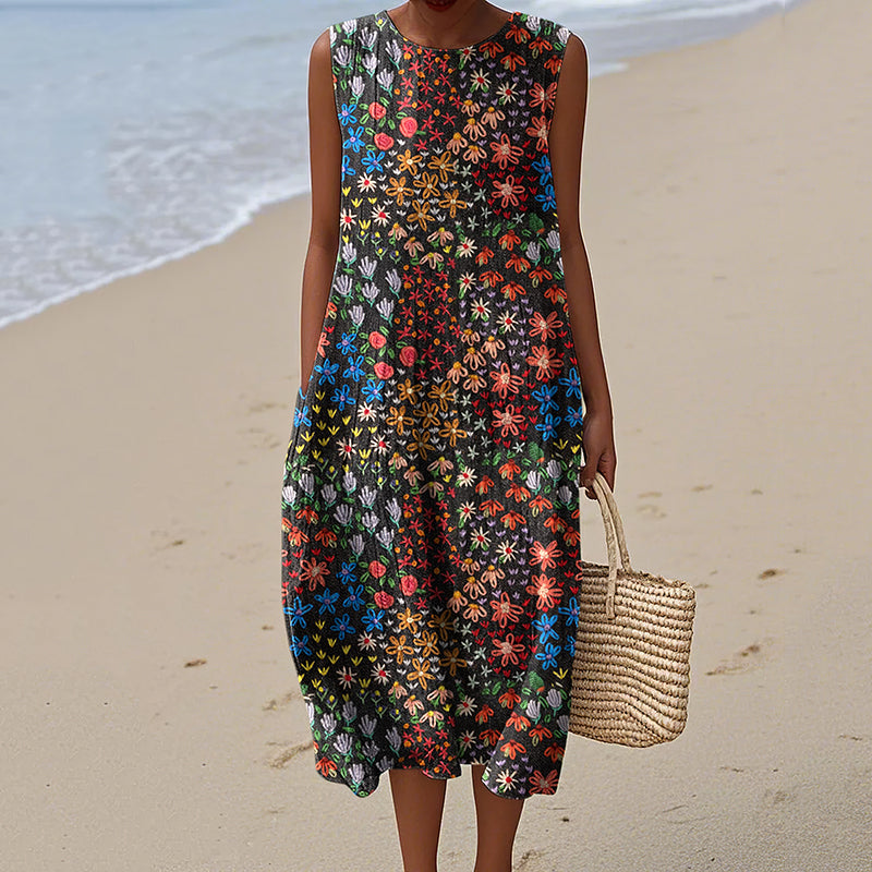 Vintage Loose Floral Art Sleeveless Cotton And Linen Tank Dress artswardrobe