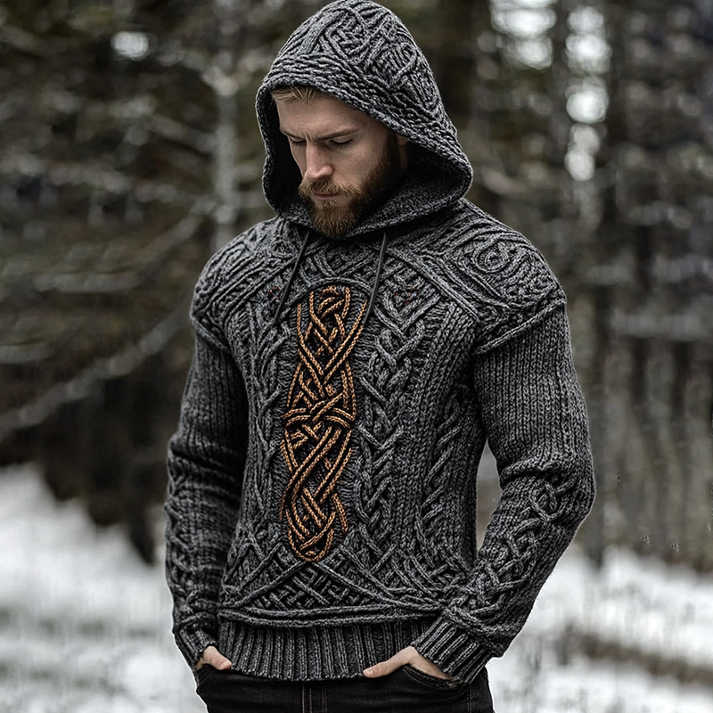 Men's Viking Jacquard Celtic Inspired Cozy Knit Hooded Sweater elevenforest