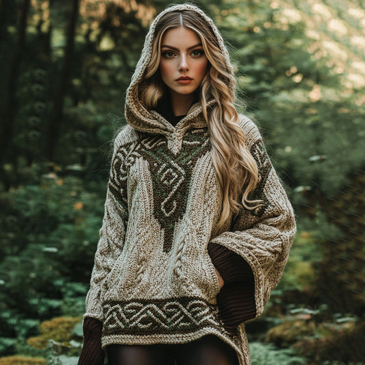 Women's Irish Celtic Contrasting Cord Jacquard Hooded Sweater elevenforest