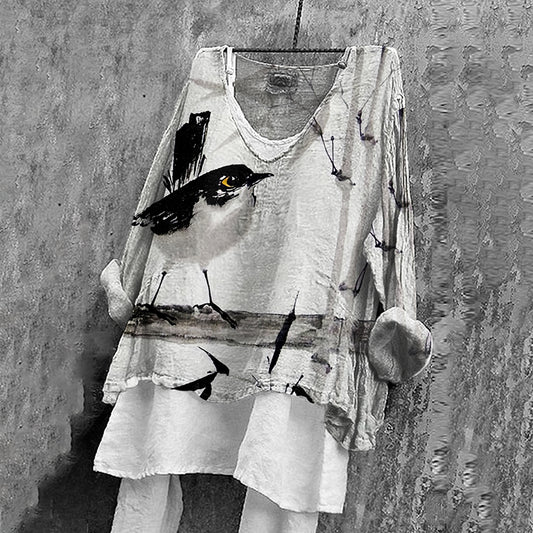 Comstylish Vintage Bird‘s Art V Neck Linen Blend Blouse