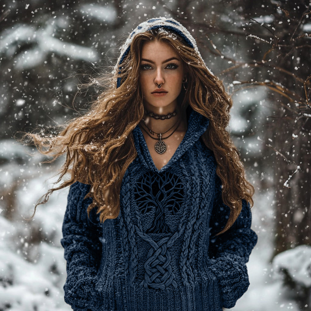 Women's Viking Tribal Runes Life Of Tree Chunky Knit Hooded Sweater elevenforest