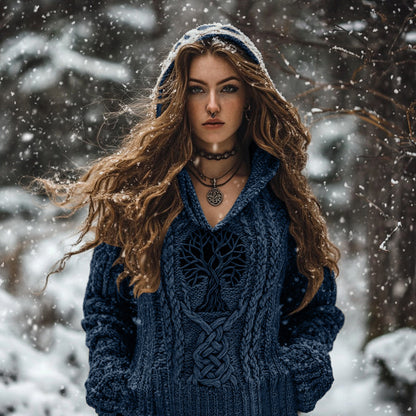 Women's Viking Tribal Runes Life Of Tree Chunky Knit Hooded Sweater elevenforest