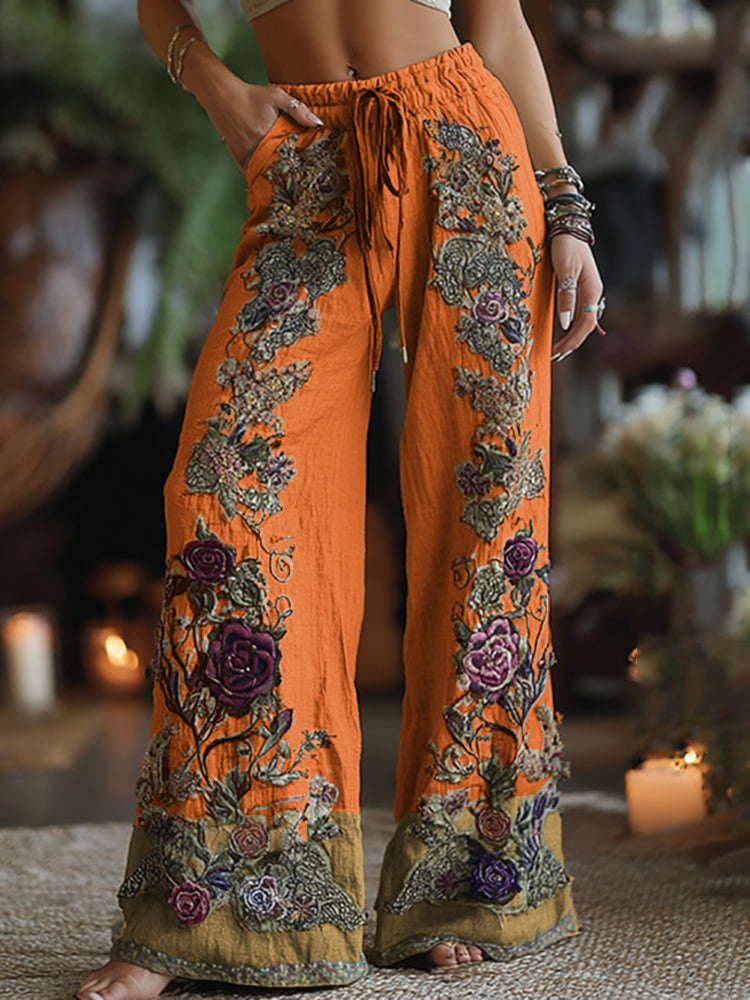 Classy Purple Lavender And Floral Embroidered Art Linen Pants artswardrobe