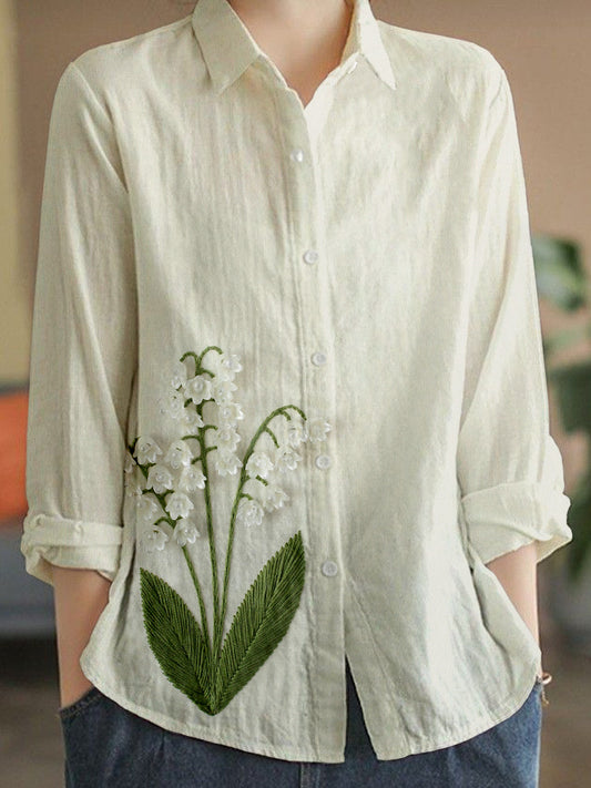 Comstylish Lily of the Valley Embroidery Linen Blend Blouse