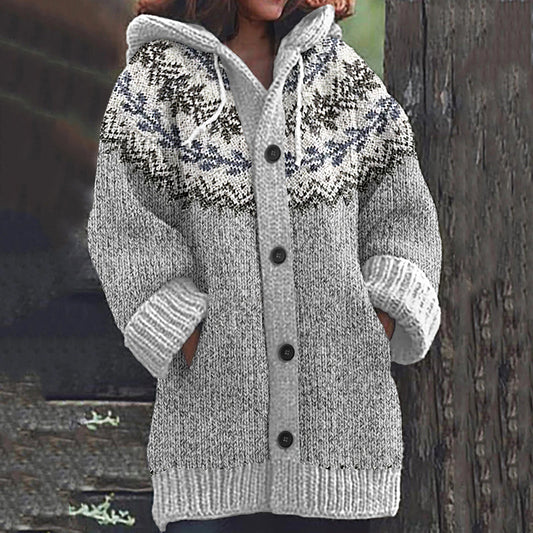 Retro Floral Lines Knitted Button Down Cozy Hoodie Sweater elevenforest