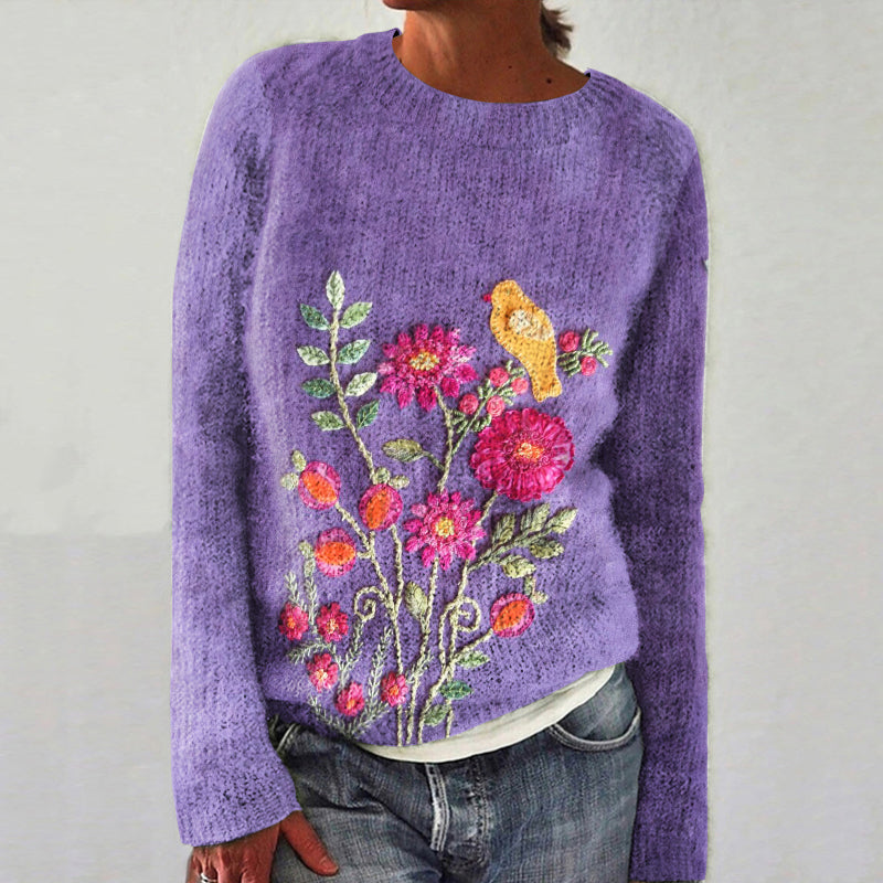 Vintage Floral Bird Embroidery Print Crew Neck Sweater elevenforest