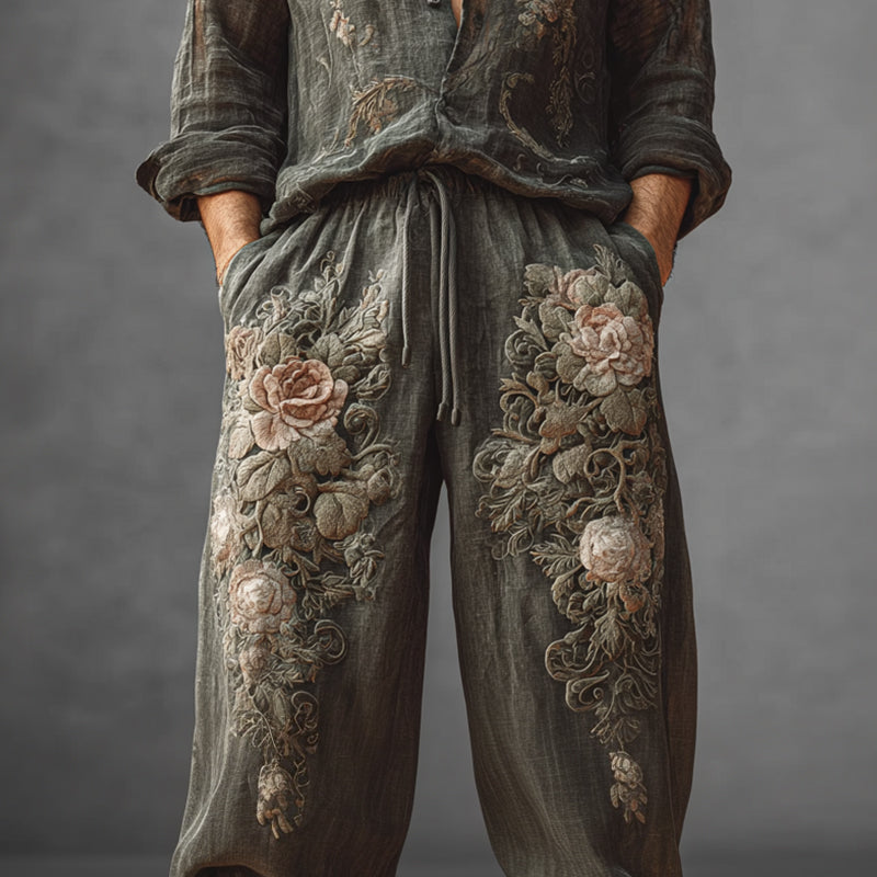 Men's Vintage Roses Embroidered Wide Leg Linen Pants artswardrobe