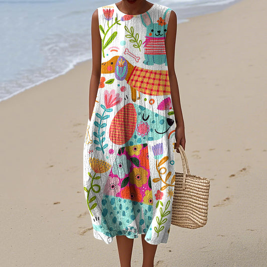 Women's Colorful Floral Dog Art Print Crew Neck Dress artswardrobe