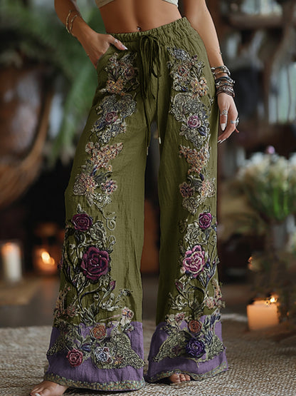 Classy Purple Lavender And Floral Embroidered Art Linen Pants artswardrobe