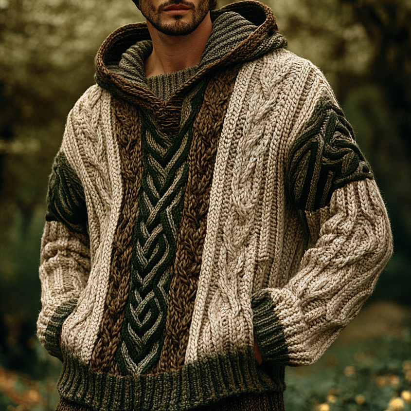 Men's Vintage Chunky Tricolor Jacquard Aran Sweater elevenforest