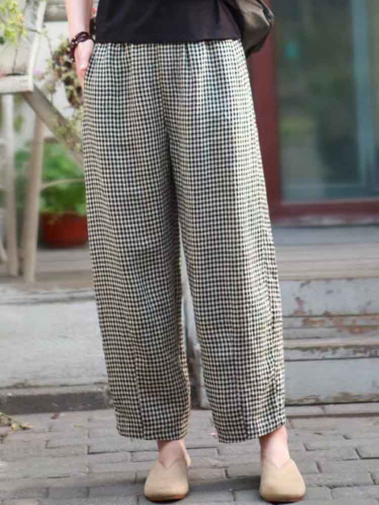 Women's Vintage Plaid Linen Blend Casual Pants artswardrobe
