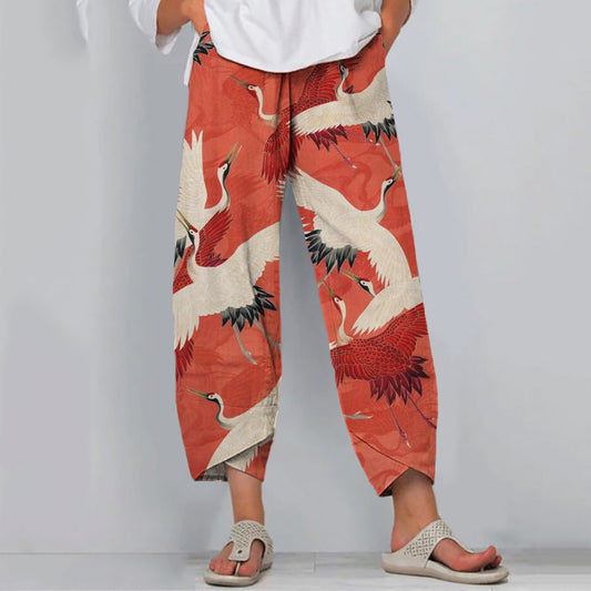 Comstylish Japanese Art Crane Print Casual Pants