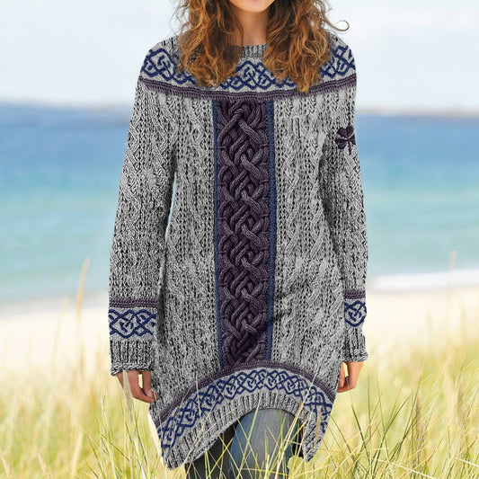 Women's Irish Celtic Knotted Shamrock Contrast Jacquard Sweater Dress elevenforest