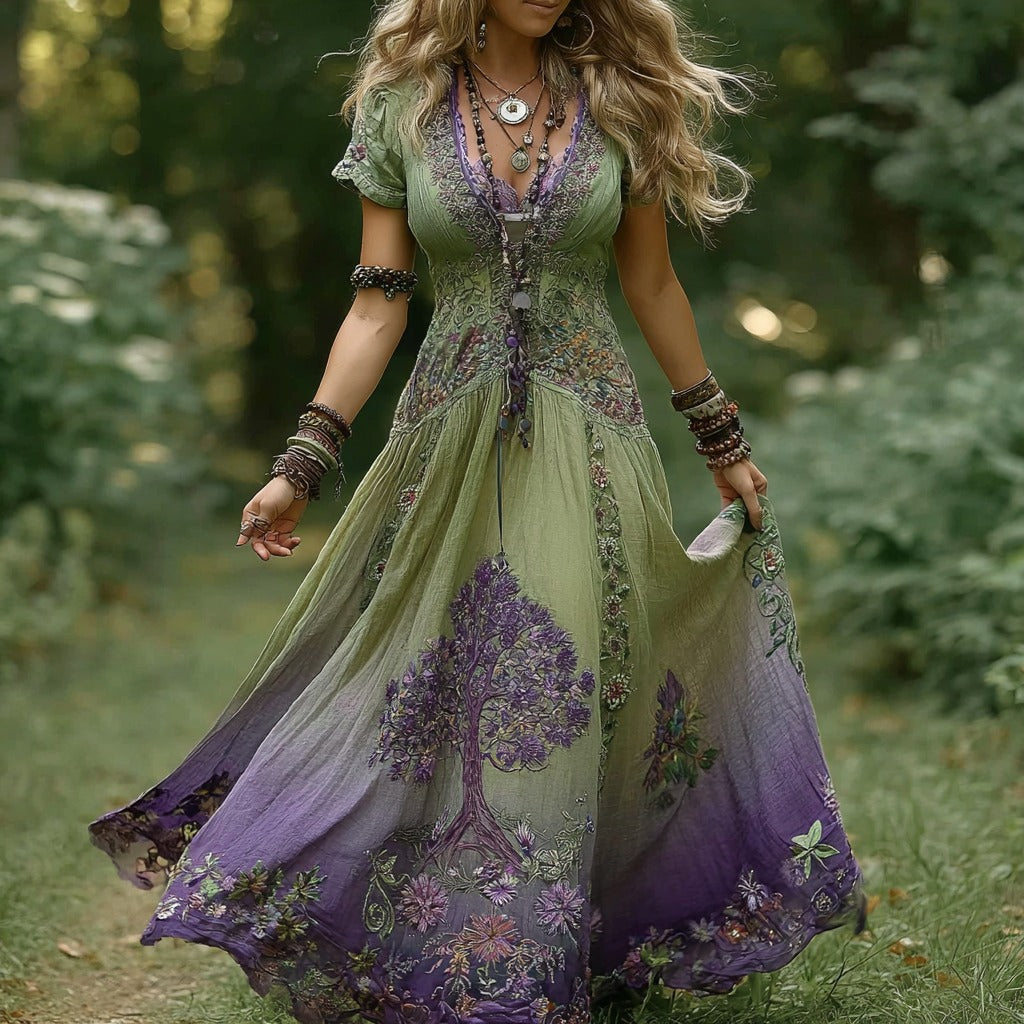 Women's Vintage Viking Tree Of Life Floral Stitching Casual V-neck Dress artswardrobe