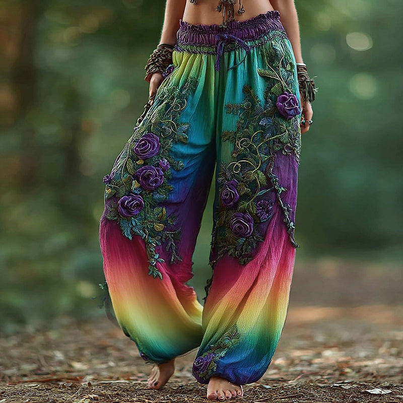 Women's Vintage Rose Floral Pattern Casual Pants artswardrobe