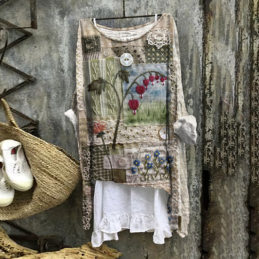 Vintage Flora Lace Embroidery Art Linen Blend Blouse artswardrobe