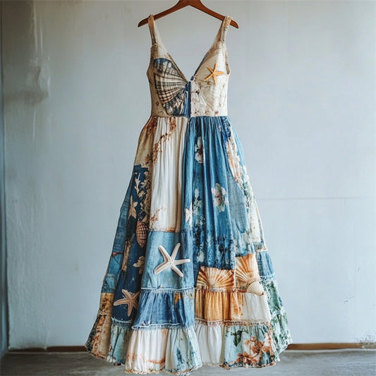 Boho Starfish & Sea Shells Embroidered Patchwork Maxi Dress artswardrobe