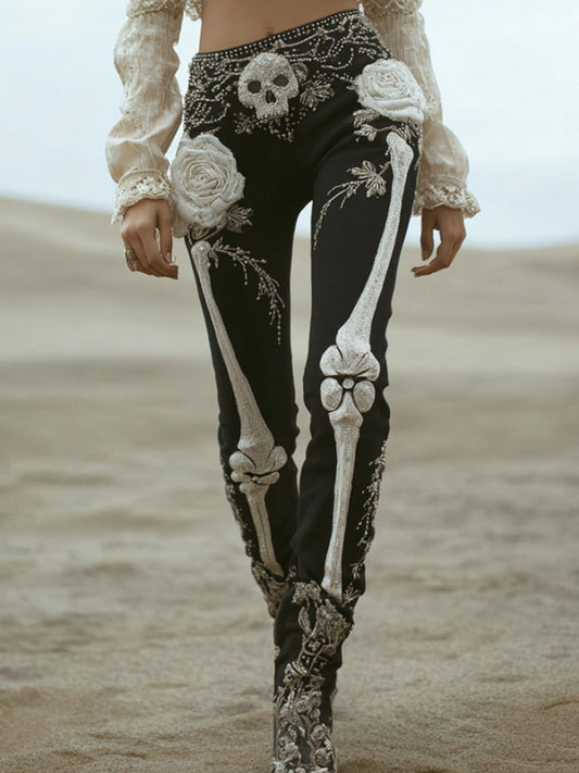 Comstylish Women's Halloween Skeleton And Romantic Rose Gothic Slimming Pants