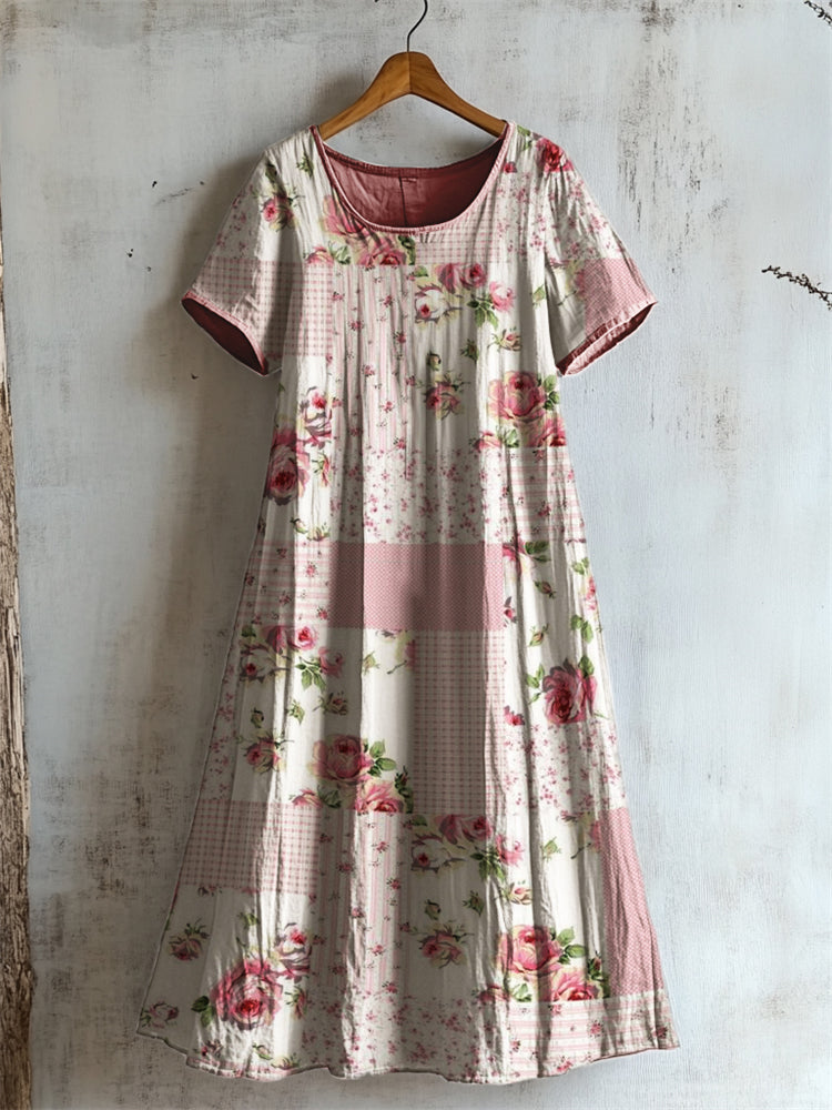 Vintage Cottagecore Floral Patchwork Linen Dress artswardrobe