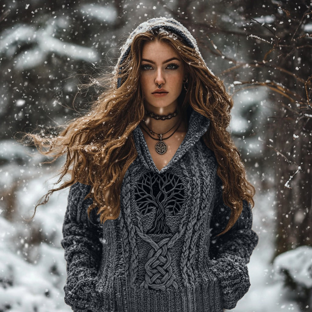 Women's Viking Tribal Runes Life Of Tree Chunky Knit Hooded Sweater elevenforest