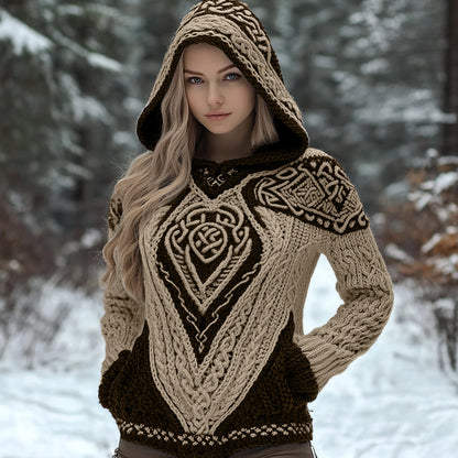 Women's Viking Wolf Style Celtic Thick Hooded Sweater elevenforest