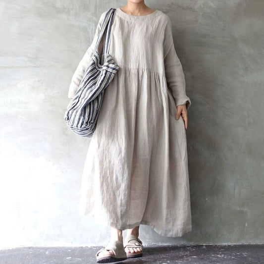 Women's Solid Color Cotton Linen Midi Dress artswardrobe