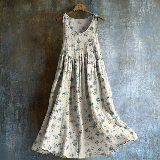Vintage Cottagecore Blue Floral Linen Tank Dress artswardrobe