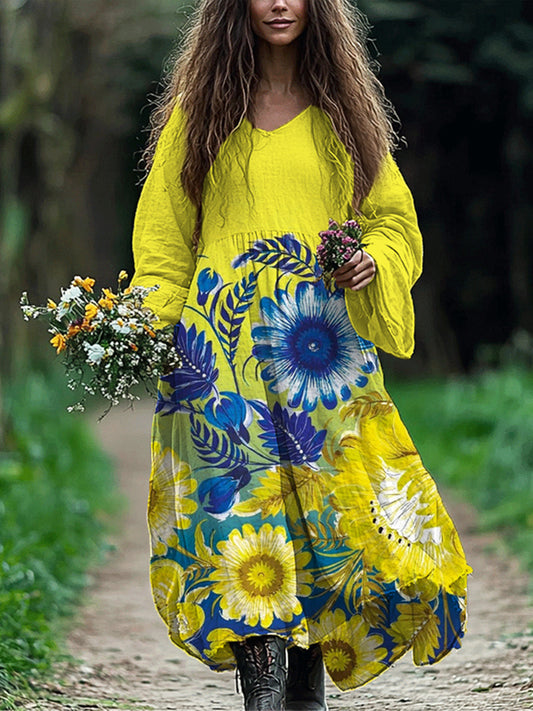 Ukrainian Sunflowers Flowy Linen Blend Maxi Dress artswardrobe