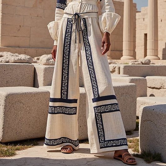 Women's Greek Key Linen Blend Wide Leg Pants artswardrobe