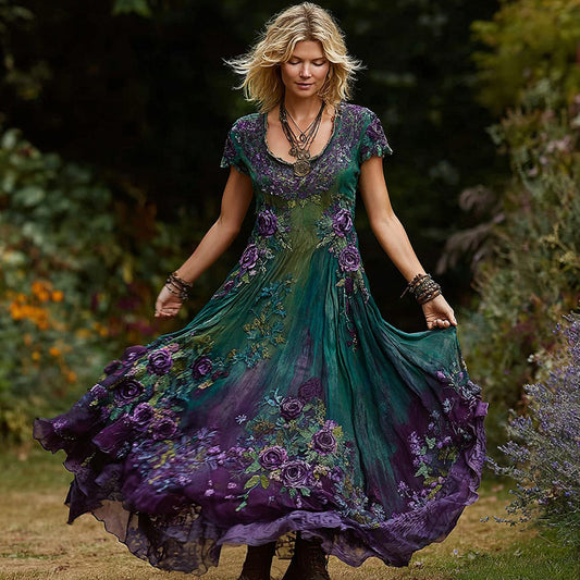 Women's Vintage Floral Embroidery Gradient Pattern Round Neck Dress artswardrobe