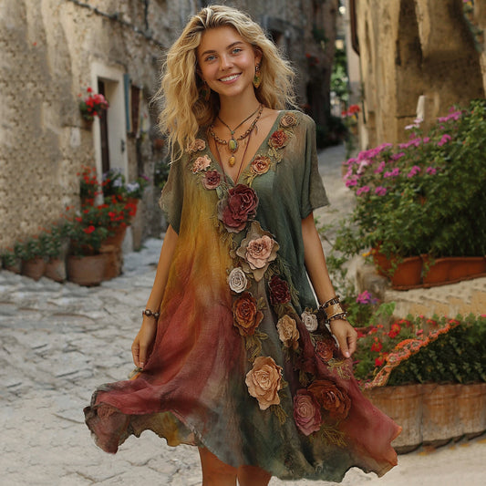 The Sunset Collection Vintage Rose And Floral Gradient Art Linen V Neck Midi Dress artswardrobe