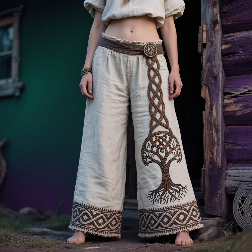 Retro Viking Tree Of Life Embroidered Linen Pants artswardrobe