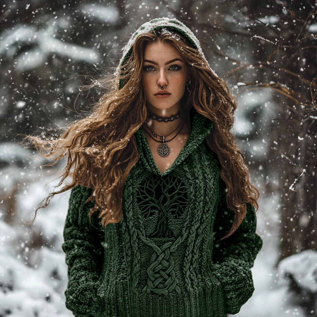 Women's Viking Tribal Runes Life Of Tree Chunky Knit Hooded Sweater elevenforest