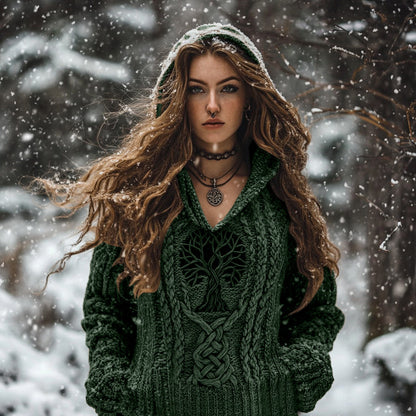 Women's Viking Tribal Runes Life Of Tree Chunky Knit Hooded Sweater elevenforest