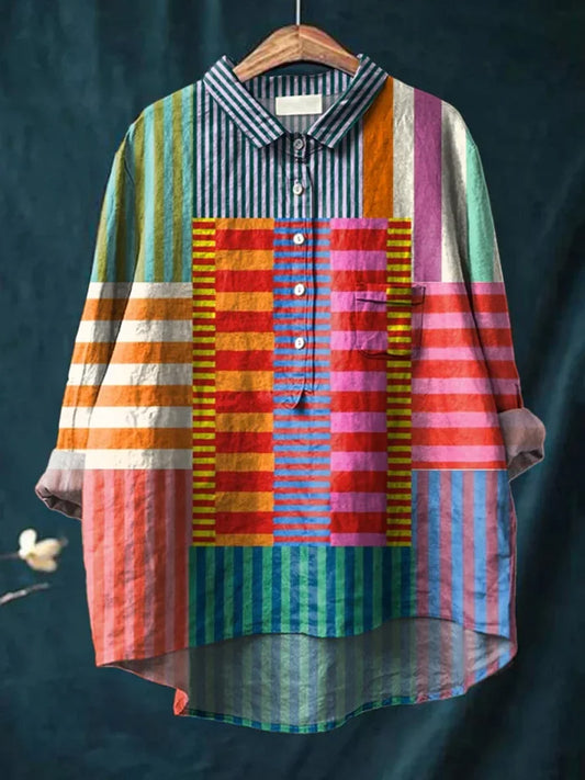 Comstylish Women’s Colorful Patchwork Striped Cotton Linen Blouse