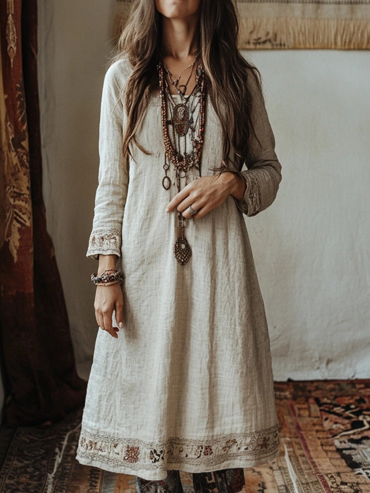 Vintage Floral Embroidered Linen Blend Midi Dress artswardrobe