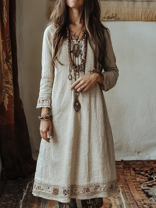 Vintage Floral Embroidered Linen Blend Midi Dress artswardrobe