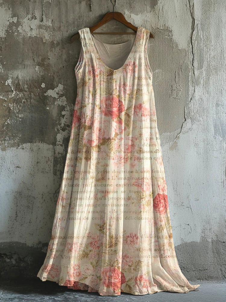 Romantic Oil Painting Rose Women's Linen Vest Dress artswardrobe