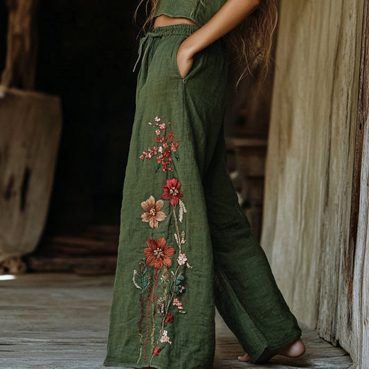 Women's Retro Linen Bohemian Flowers Ethnic Print Long Loose Wide-leg Trouser Pants artswardrobe