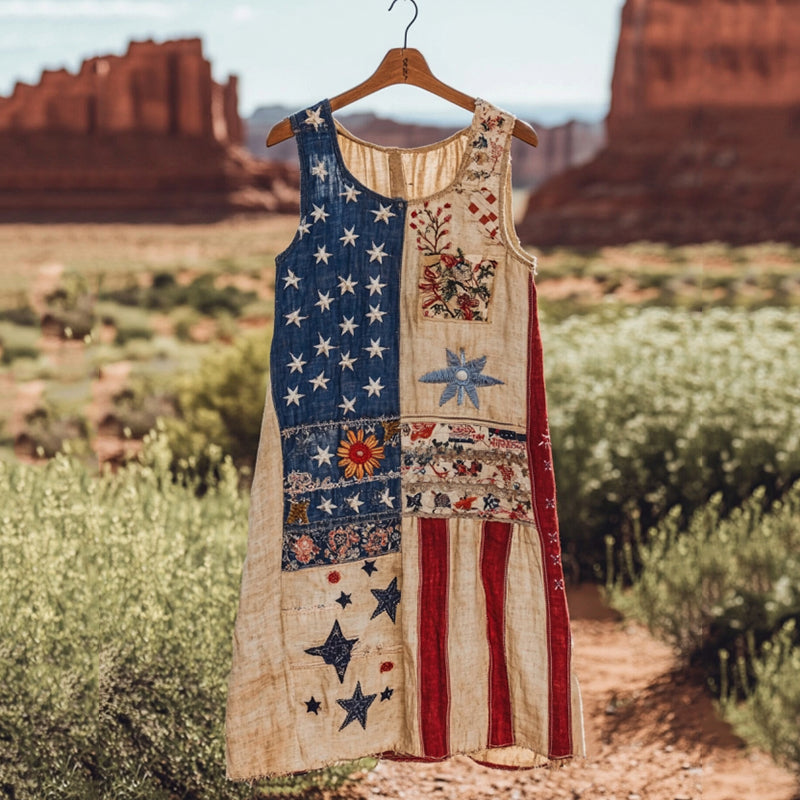 Vintage Independence Day American Flag Patch Floral Art Linen Casual Tank Dress artswardrobe