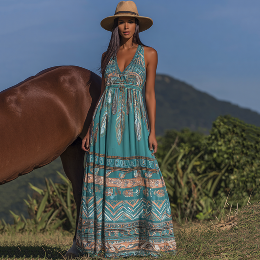 Women's Vintage Western Print Tank Maxi Dress artswardrobe