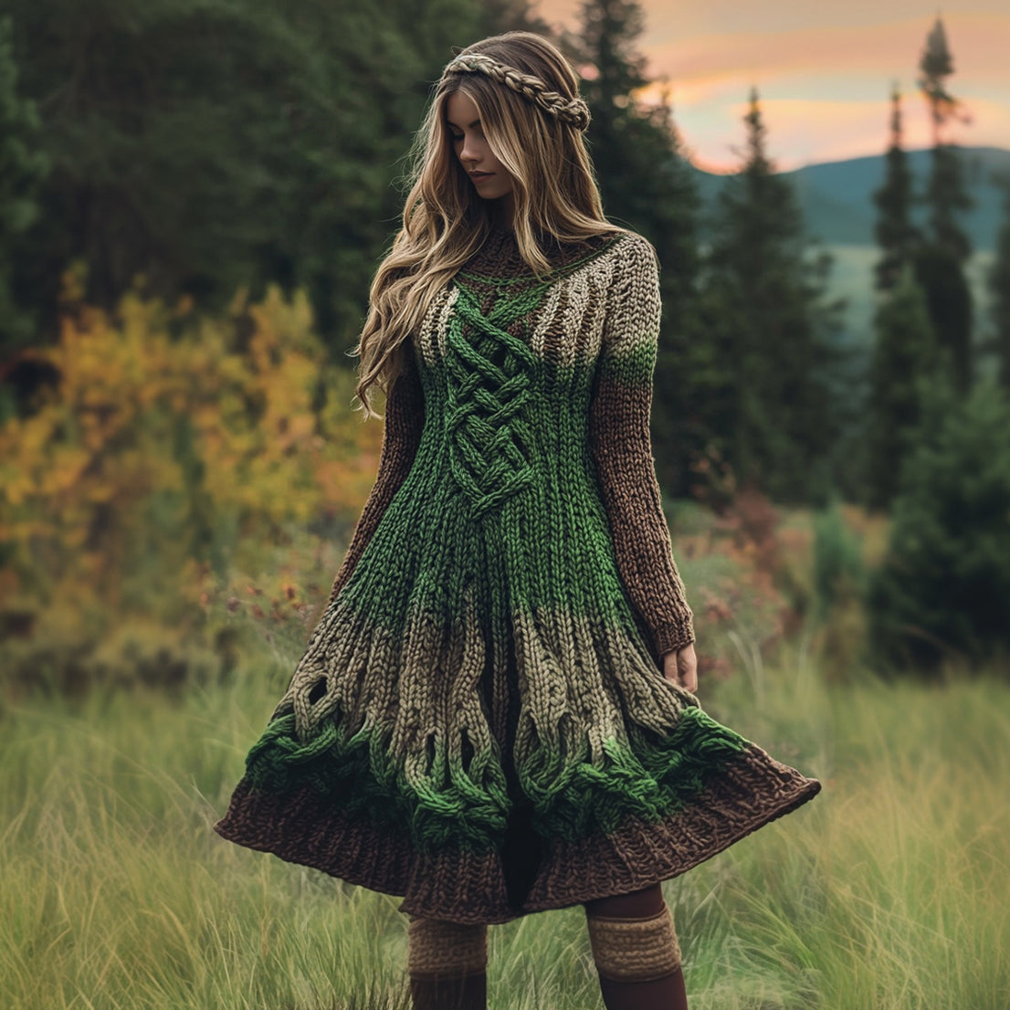 Women's Celtic Knotted Gradient Long Sleeve Sweater Dress elevenforest