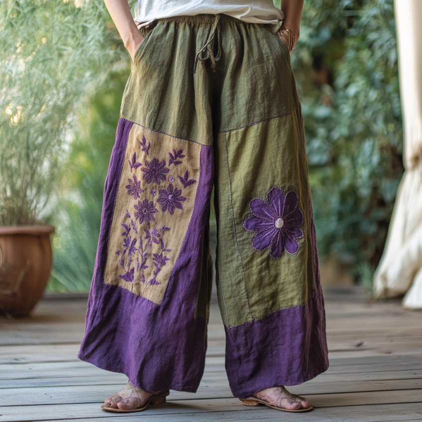 Vintage Bohemian Lavender Patchwork Art Printed Cotton Linen Wide Leg Pants artswardrobe